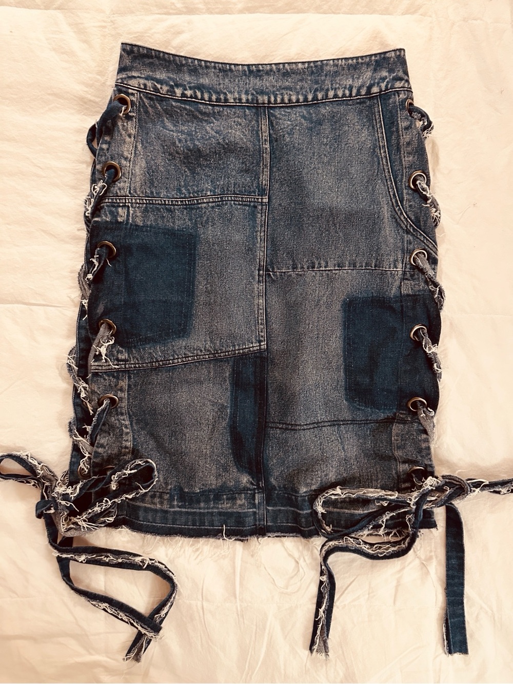 TOV Holy Distressed Blue Denim Mini Skirt with Lace-Up Sides